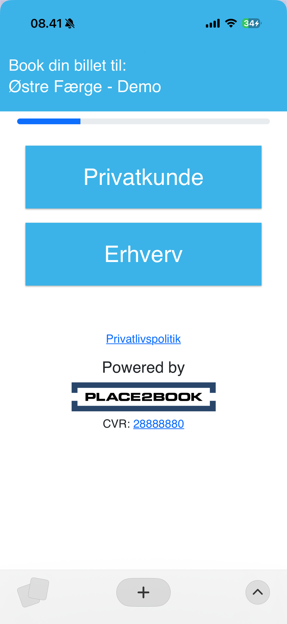 Skærmbillede: vælg Privatkunde eller Erhverv