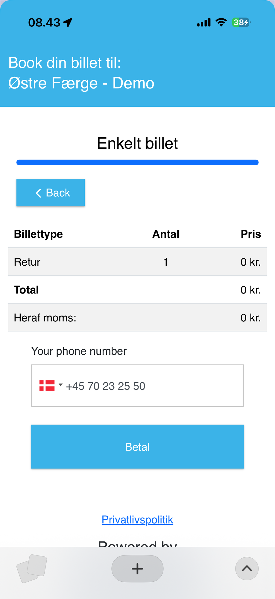 Skærmbillede: vælg billet og betal
