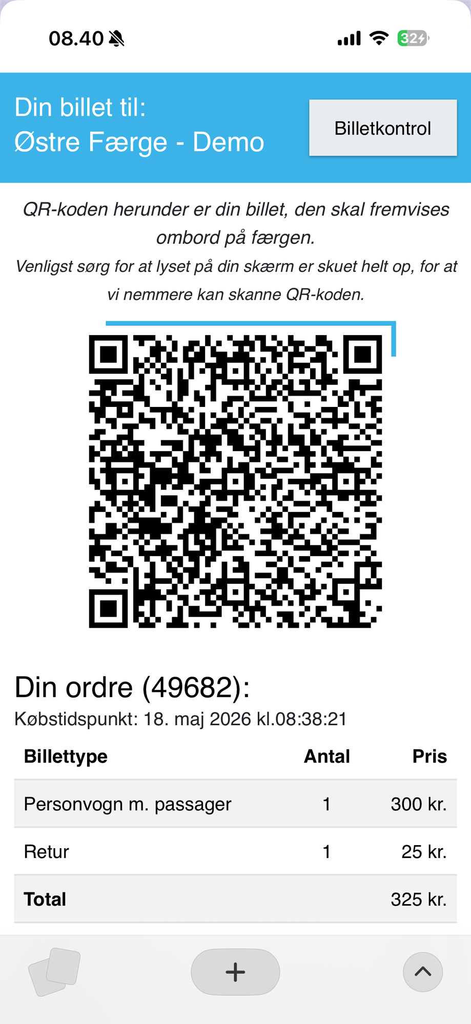 Skærmbillede: FastTicket med dynamisk QR-kode